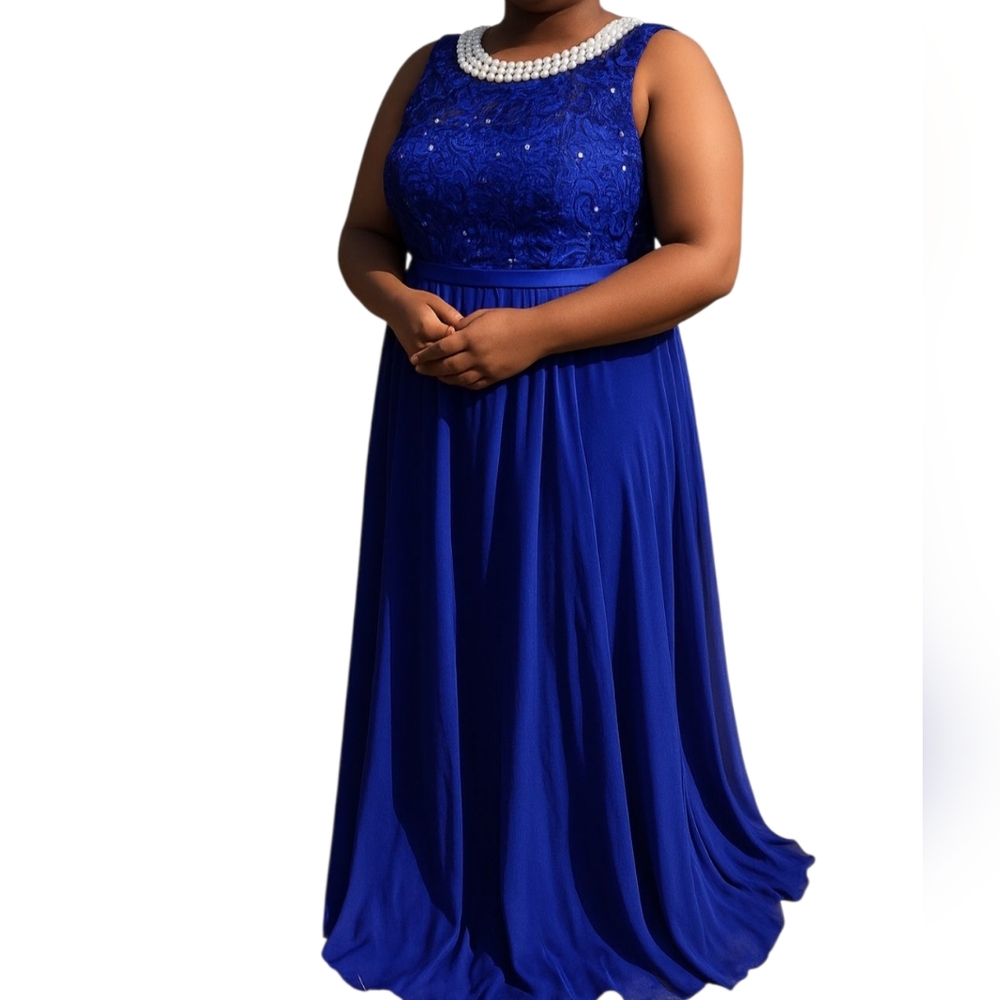 Cindy Formal Evening Gown Blue Lace Beaded Maxi Dress Size Med